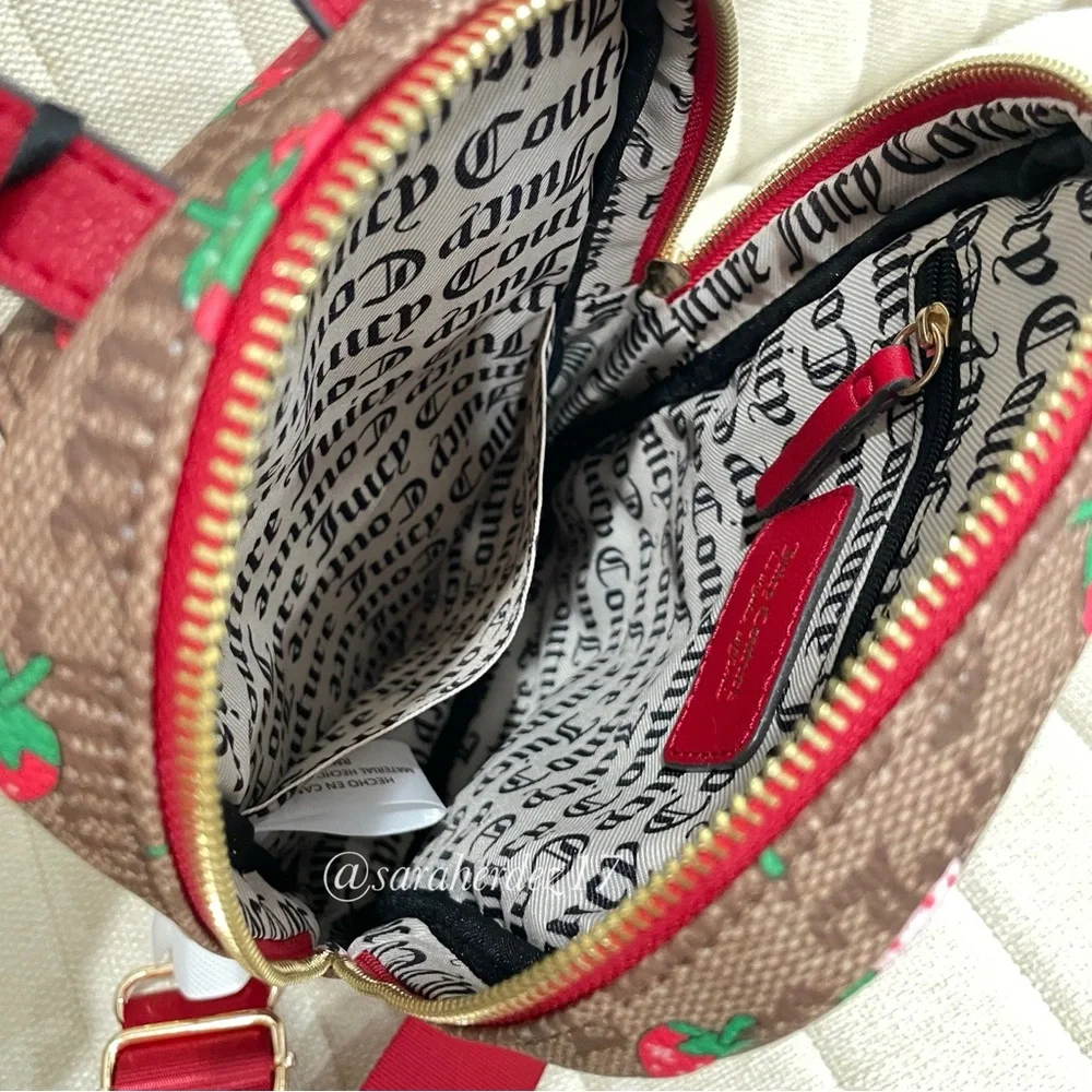 NEW‎ Juicy Couture Strawberry Monogram Sling Backpack Brown Red Gold Tone